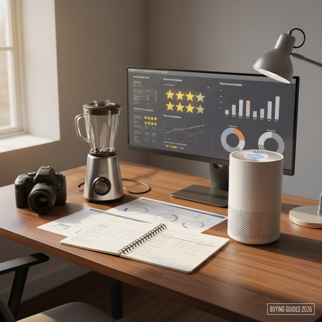 A tidy home office scene with an open notebook and printed comparison charts spread across a smooth walnut desk, surrounded by carefully positioned gadgets: a mid-range DSLR camera, a versatile kitchen blender base, and a compact air purifier with a glowing status ring. A large, ultra-thin monitor at the back displays blurred graphs and rating stars. Warm, indirect afternoon light enters from the left, balanced with a soft white desk lamp, creating a calm, trustworthy atmosphere. Photographic realism, shot from a slightly elevated angle, using asymmetrical framing to lead the eye across the different product categories, symbolizing in-depth buying guides and cross-category recommendations for 2026.
