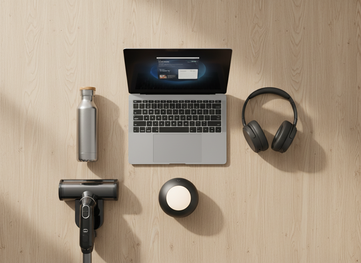 A clean, modern flat-lay of a curated selection of 2026’s best tech and home products arranged neatly on a light oak desk. A slim silver laptop, wireless noise-cancelling headphones in matte charcoal, a compact smart home hub with a soft white glow, an eco-friendly stainless steel water bottle, and a sleek cordless vacuum docked at the edge of the frame. Soft daylight from an unseen window to the left creates gentle, natural shadows and subtle reflections on metallic surfaces. Photographic realism with a professional, editorial look, shot from a perfectly top-down bird’s-eye view with sharp focus throughout, conveying clarity, order, and trustworthy product comparison.