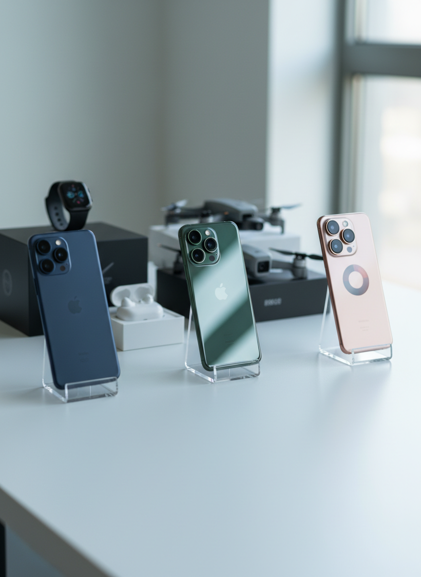 A bright, organized comparison workspace featuring three different high-end smartphones standing upright on clear acrylic stands, each with distinct colors and camera layouts, placed on a matte white table. Behind them, blurred but recognizable boxes of smartwatches, earbuds, and a compact drone suggest more reviews. Cool, diffused daylight from a large window on the right creates a clean, shadow-soft environment, highlighting the glossy screens and metal frames. The mood is professional and analytical, with a rule-of-thirds composition at eye level and a shallow depth of field that keeps the phones in crisp focus while the background melts into soft bokeh, perfect for a product comparison and reviews website.